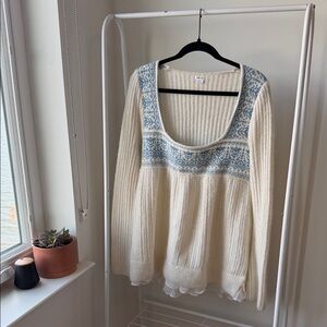 Urban Outfitters Kimchi Blue Ivory and Sky Patterned Babydoll Ruffle Sweater
